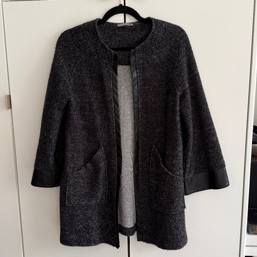 Zara Grey Cardigan Over Coat Black Faux Leather Trim Open Front Pockets S